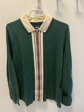 Stussy Men's Forest Green Zip Polo Sweater with Cream Stripe